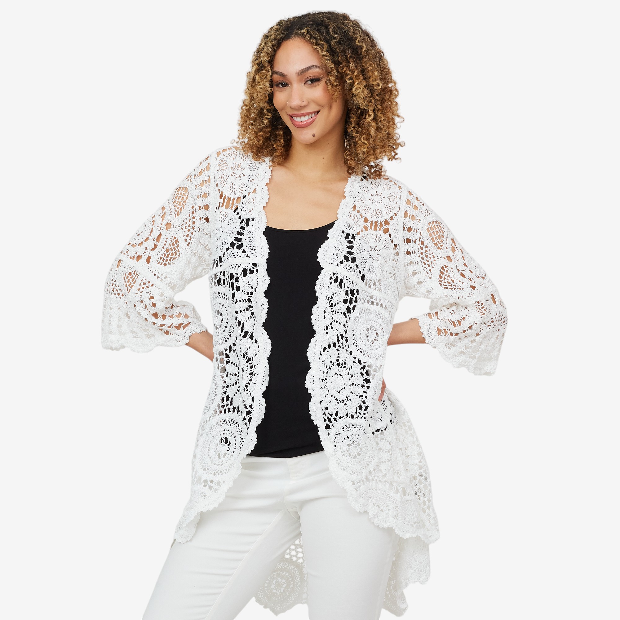 Nina Leonard 3/4 Bell Sleeve High Low Hem Crochet Long Cardigan