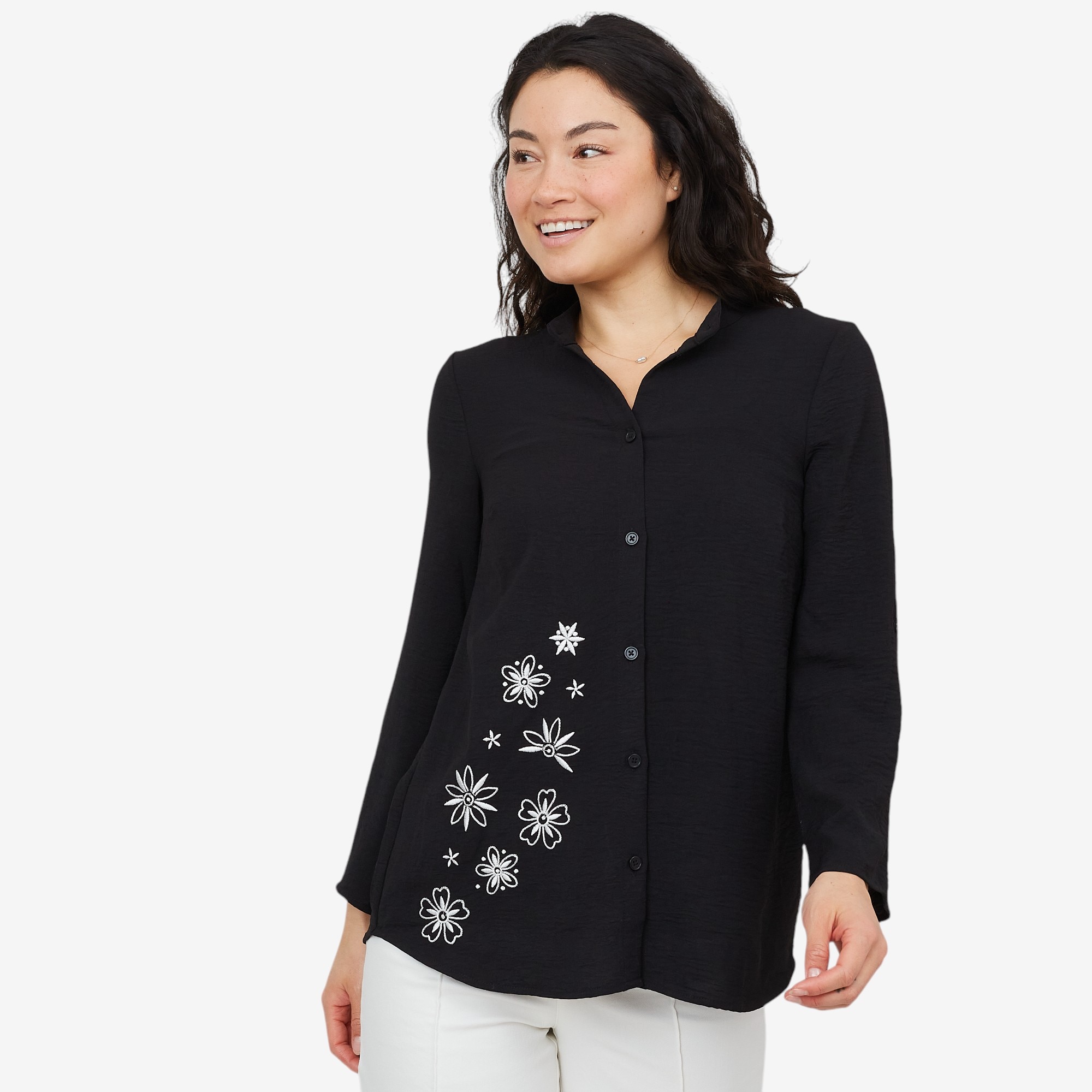 Nina Leonard Elbow Sleeve Button Front Tunic Top - TSC.ca