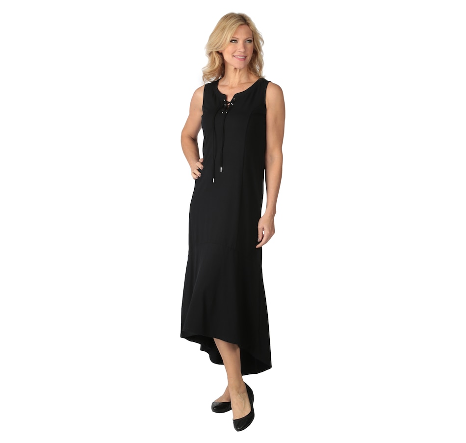 Image 537564_BLK.jpg , Product 537-564 / Price $30.33 , Isaac Mizrahi Live! Sleeveless Lace-Up Fluted Maxi Dress from Isaac Mizrahi Fashion on TSC.ca's Fashion department