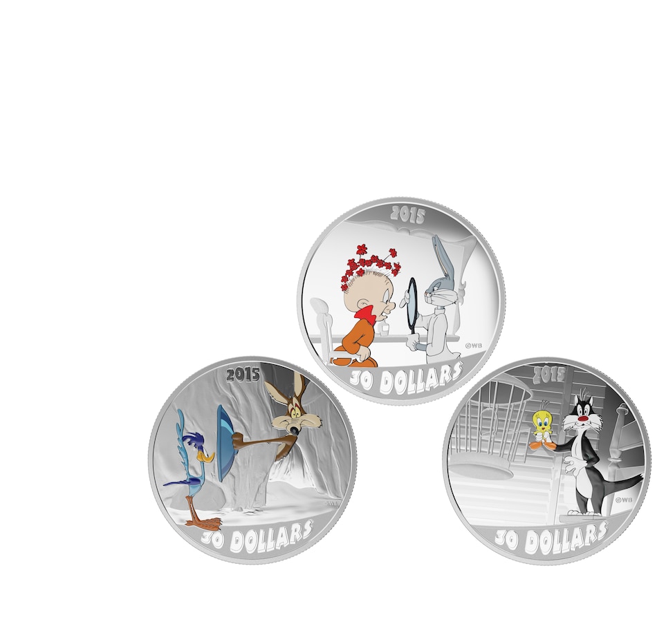 Image 556797.jpg, Product 556-797 / Price $189.95, 2015 $30 Fine Silver Coin - Looney Tunes Classic Scenes 3 Coin Subscription "The Rabbit of Seville", "Fast & Furry-Ous", "Birds Anonymous" - 60-Day Auto Delivery Prog on TSC.ca's department