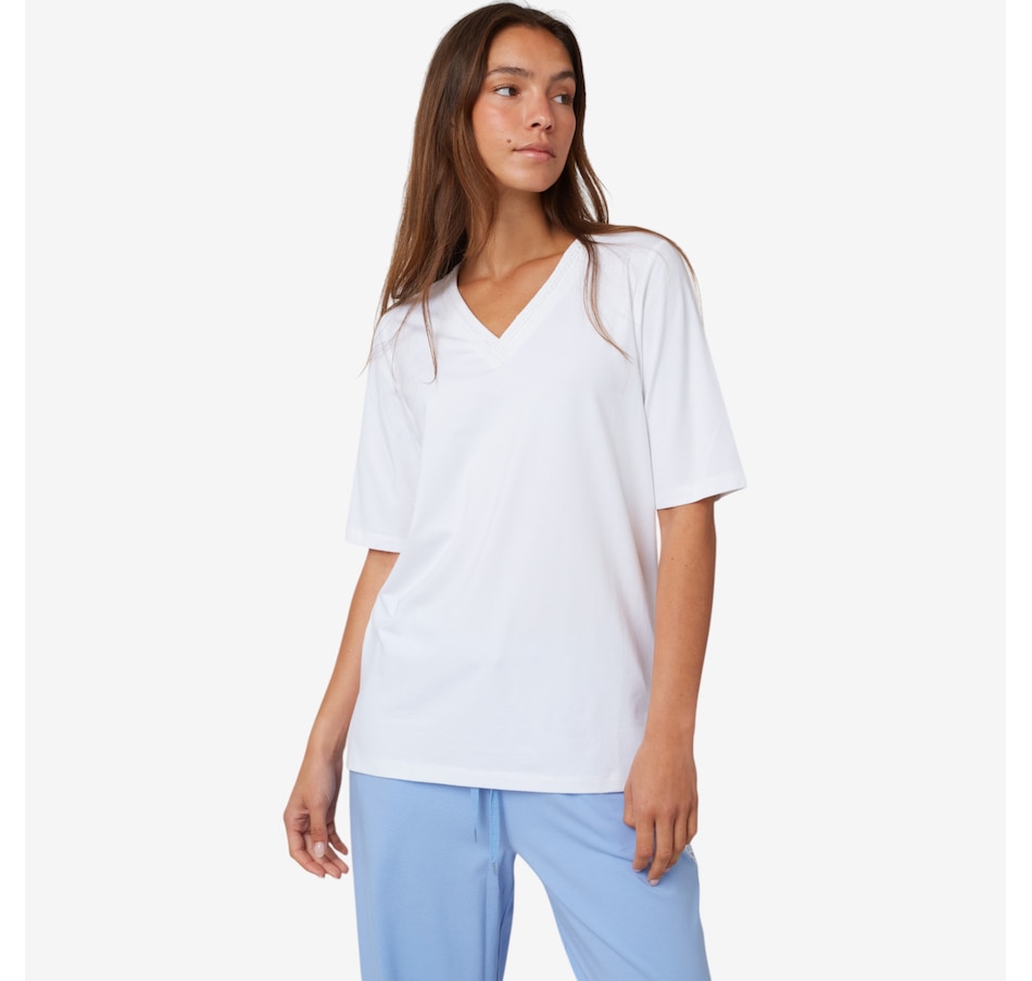 Cuddl Duds Cottonwear+ V-Neck Crochet Trim Tee