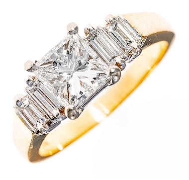 18KT White and Yellow Gold 1.50 Carat Princess Cut Diamond Engagement Ring with Baguette Cut Shoulders, 2.05 Carats Total Weight