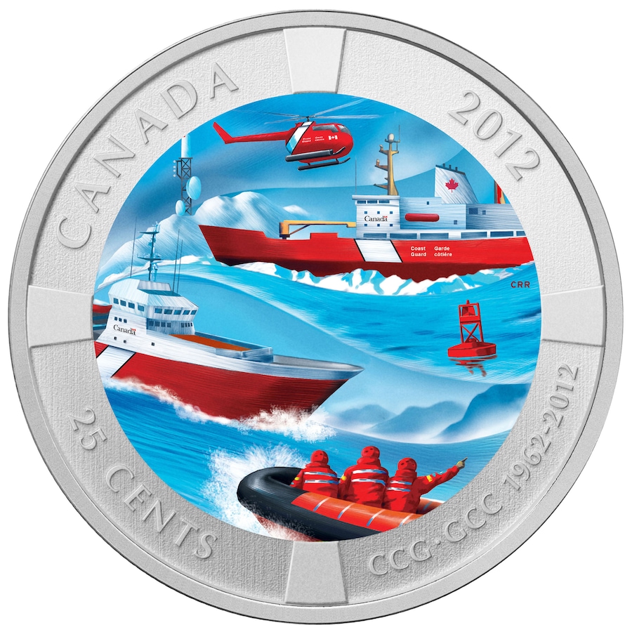 Image 603178.jpg, Product 603-178 / Price $24.95, 50th Anniversary of the Canadian Coast Guard 25-Cent Coloured Coin from Royal Canadian Mint (RCM) on TSC.ca's Coins department