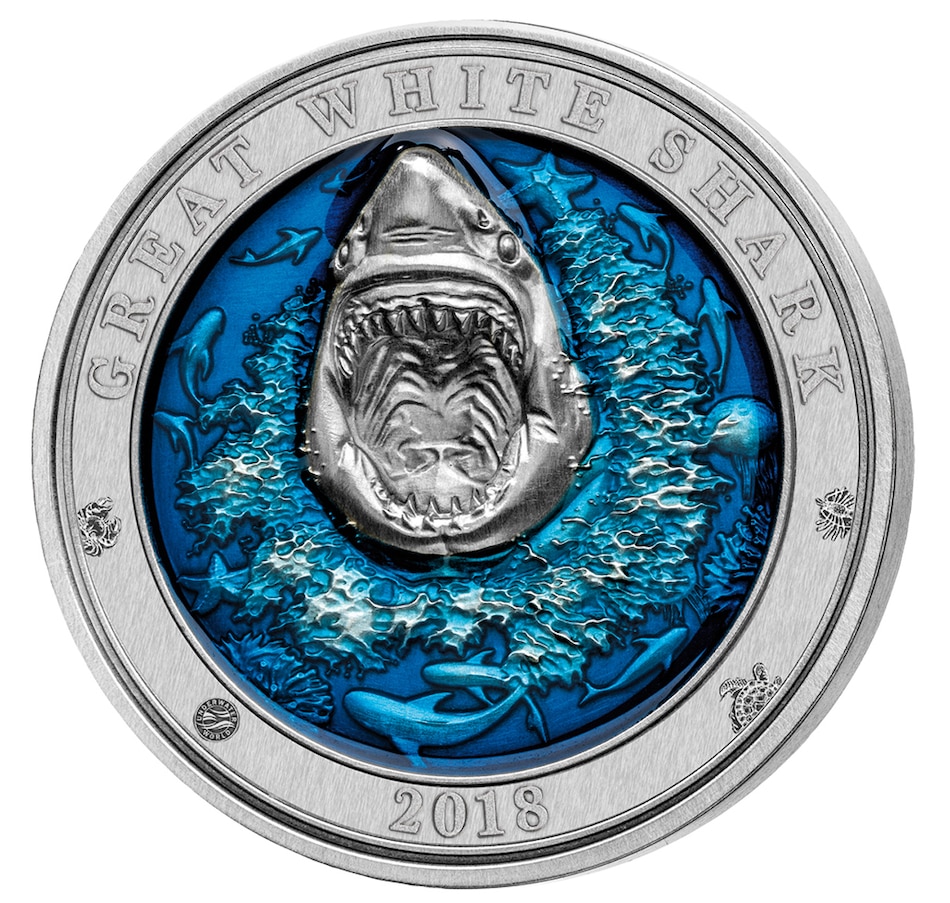 Image 603184.jpg, Product 603-184 / Price $399.95, 2018 Great White Shark $5 Coin 3-Ounce Fine Silver with Ultra-High Relief, Enamel and Antique Finish from Canadian Coin & Currency on TSC.ca's Coins department