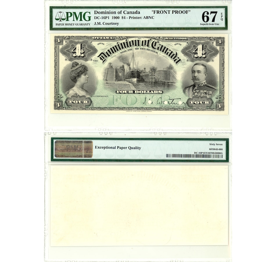 Image 607576.jpg, Product 607-576 / Price $6,995.00, $4 Dominion of Canada, Issue of 1900 Original Printer's Proof Note Set of Face and Back Proofs PMG Superb Gem Uncirculated 67 EPQ from Canadian Coin & Currency on TSC.ca's Coins department
