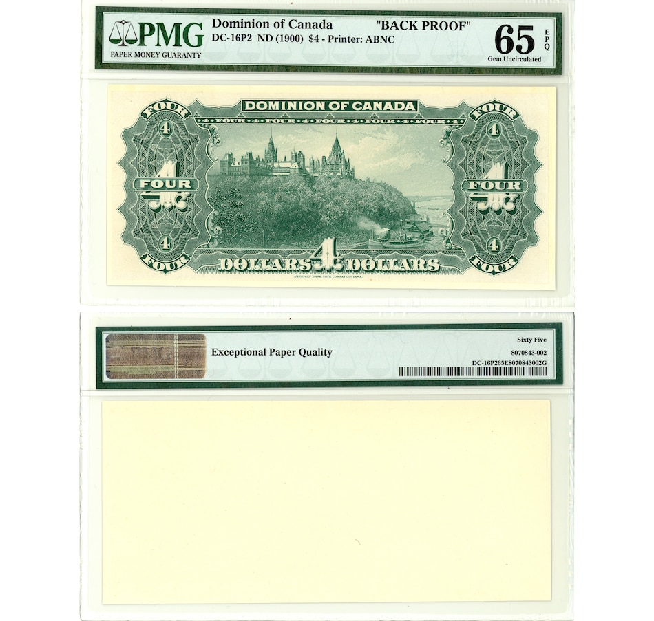 Image 607576_ALTMORE1.jpg, Product 607-576 / Price $6,995.00, $4 Dominion of Canada, Issue of 1900 Original Printer's Proof Note Set of Face and Back Proofs PMG Superb Gem Uncirculated 67 EPQ from Canadian Coin & Currency on TSC.ca's Coins department