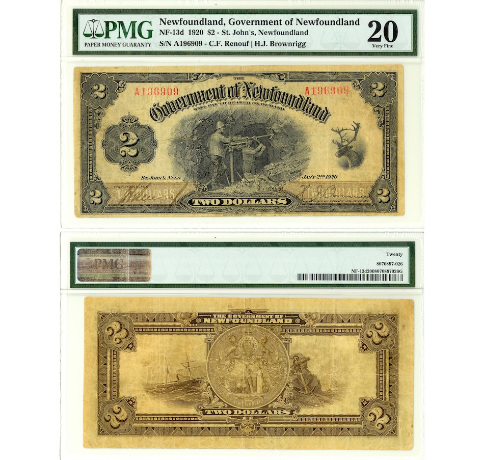 Image 607592.jpg, Product 607-592 / Price $3,495.00, Government of Newfoundland $2 1920 PMG Certified "Very Fine 20" Serial Number A196909 from Canadian Coin & Currency on TSC.ca's Coins department