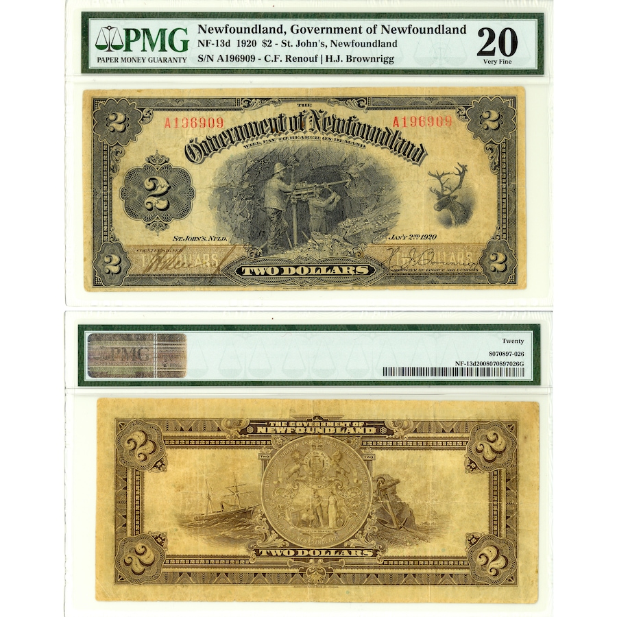 Image 607592.jpg, Product 607-592 / Price $3,495.00, Government of Newfoundland $2 1920 PMG Certified "Very Fine 20" Serial Number A196909 from Canadian Coin & Currency on TSC.ca's Coins department