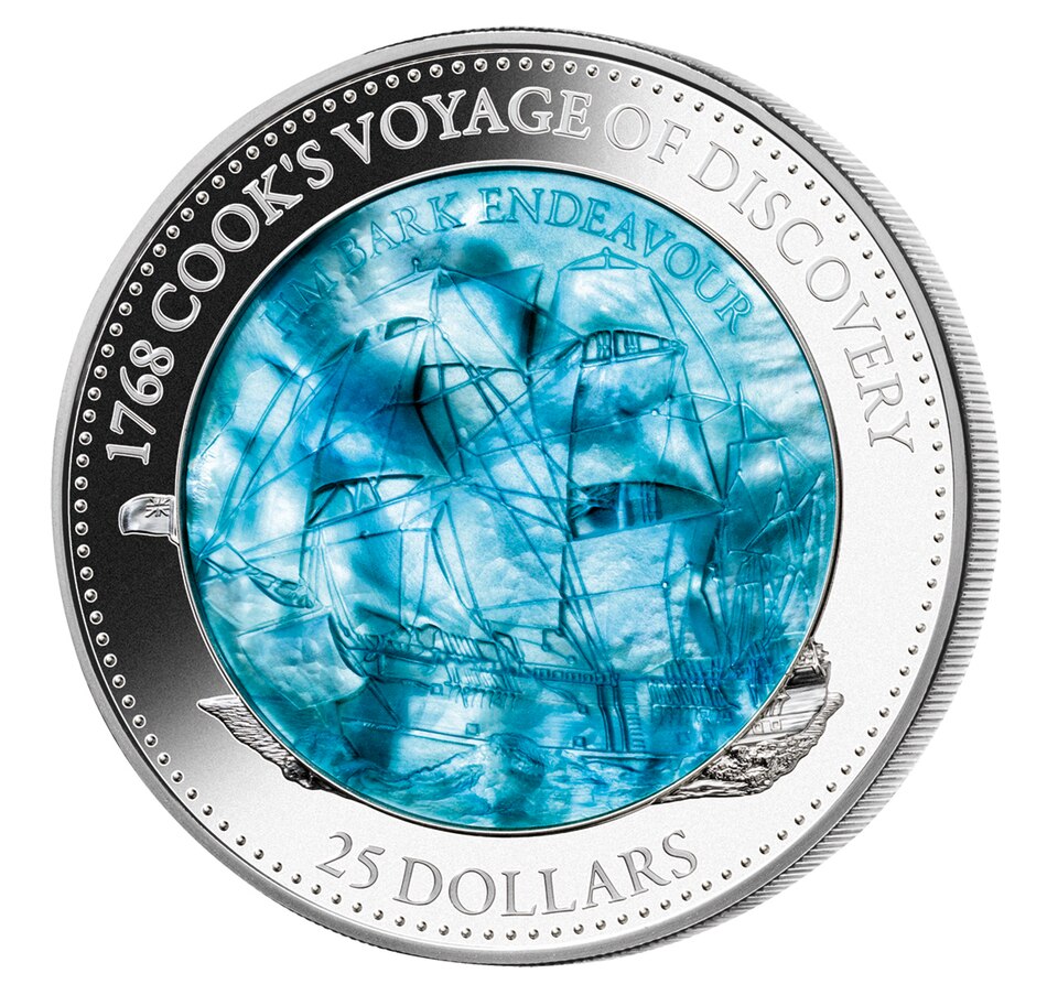 Image 609927.jpg, Product 609-927 / Price $599.95, $25 Cook’s Endeavour Mother-of-Pearl Special Feature 5-Ounce Fine Silver from Canadian Coin & Currency on TSC.ca's Coins department