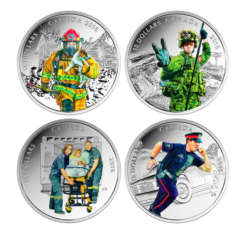 Image 609968.jpg, Product 609-968 / Price $299.95, 2016 $15 Fine Silver Four-Coin Set: Firefighters, Police, Paramedics and Military from Royal Canadian Mint (RCM) on TSC.ca's Coins department