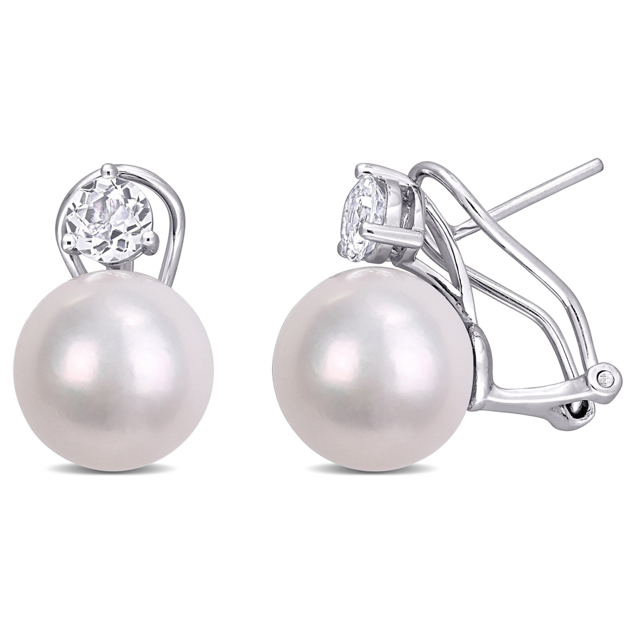 Image 611928.jpg, Product 611-928 / Price $175.00, AMOUR Pearls Sterling Silver 11-12mm Freshwater Cultured Pearl & White Topaz Omega Earrings from Amour Pearls on TSC.ca's Jewellery department
