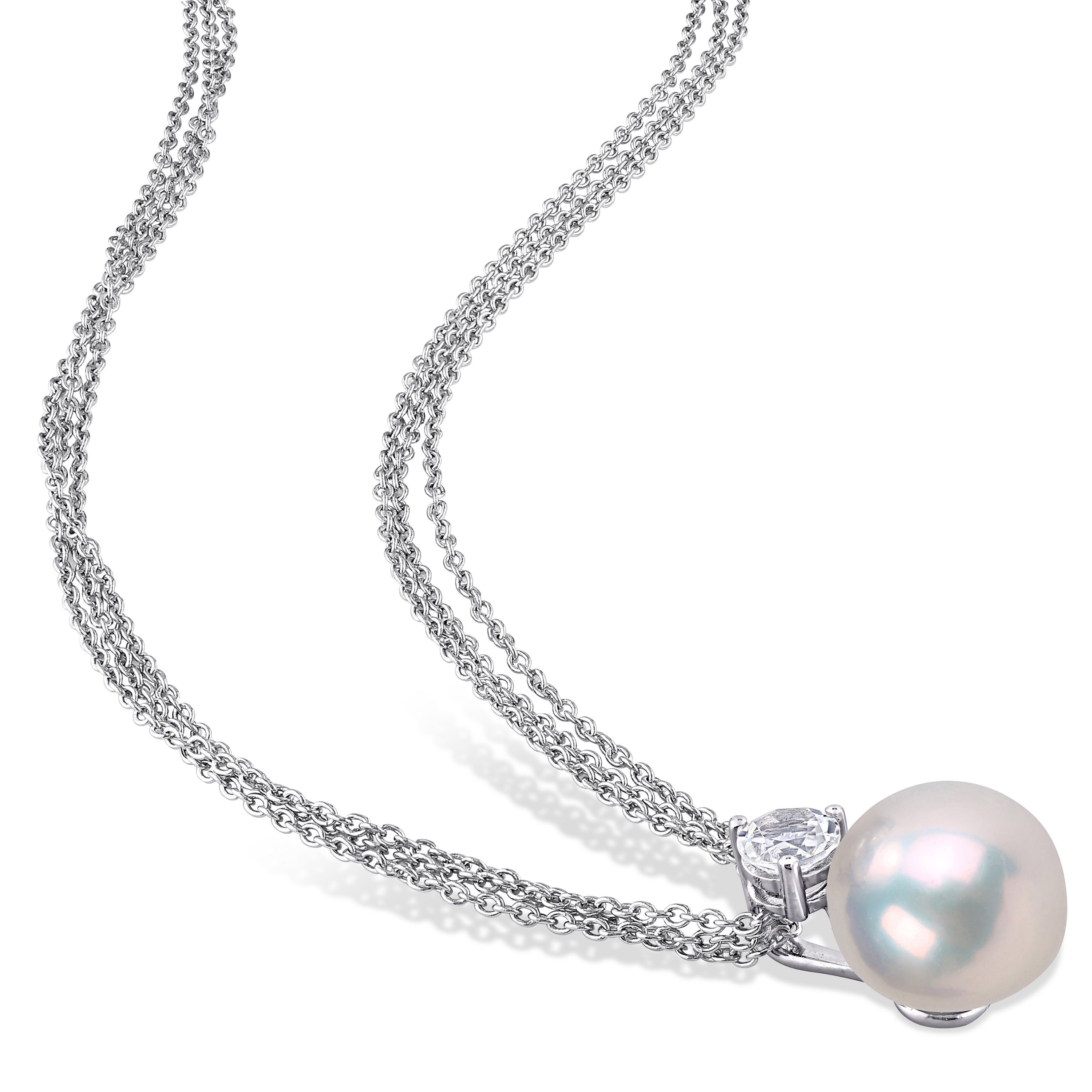 AMOUR Pearls Sterling Silver 11-12mm Freshwater Cultured Pearl & White  Topaz Necklace