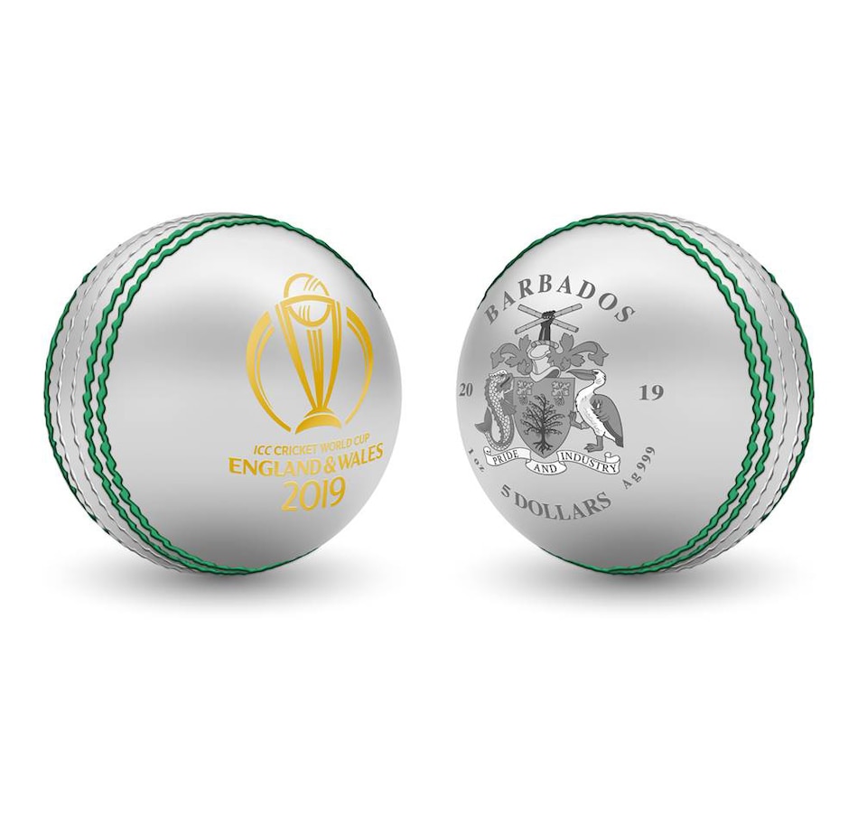 Image 618476.jpg, Product 618-476 / Price $189.95, 2019 $5 Barbados Cricket-Ball-Shaped Fine Silver Coin from Canadian Coin & Currency on TSC.ca's Coins department