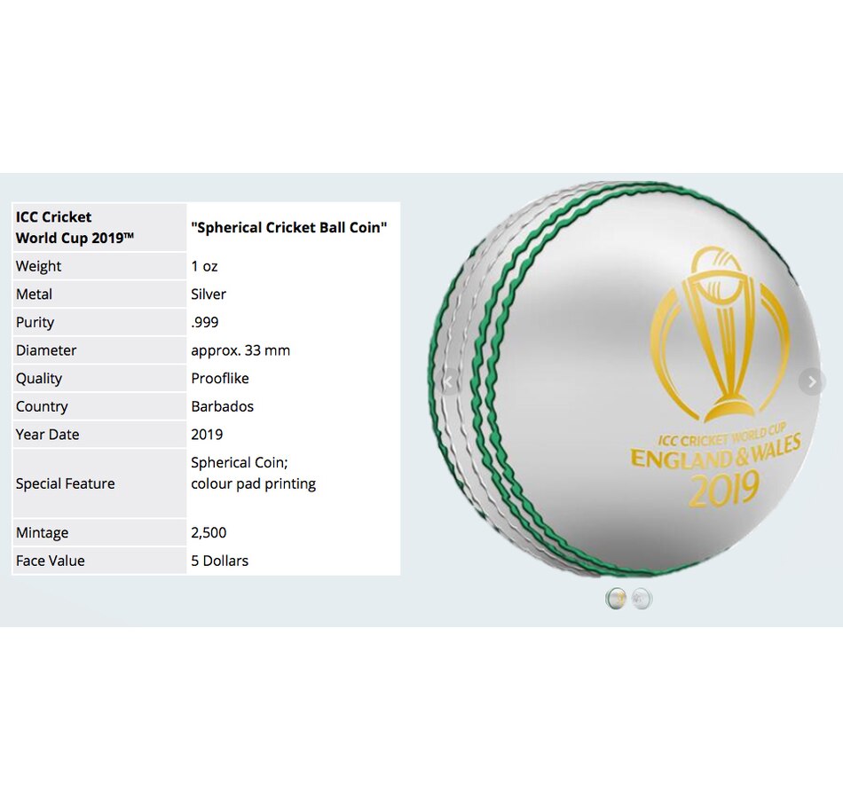 Image 618476_ALTMORE1.jpg, Product 618-476 / Price $189.95, 2019 $5 Barbados Cricket-Ball-Shaped Fine Silver Coin from Canadian Coin & Currency on TSC.ca's Coins department