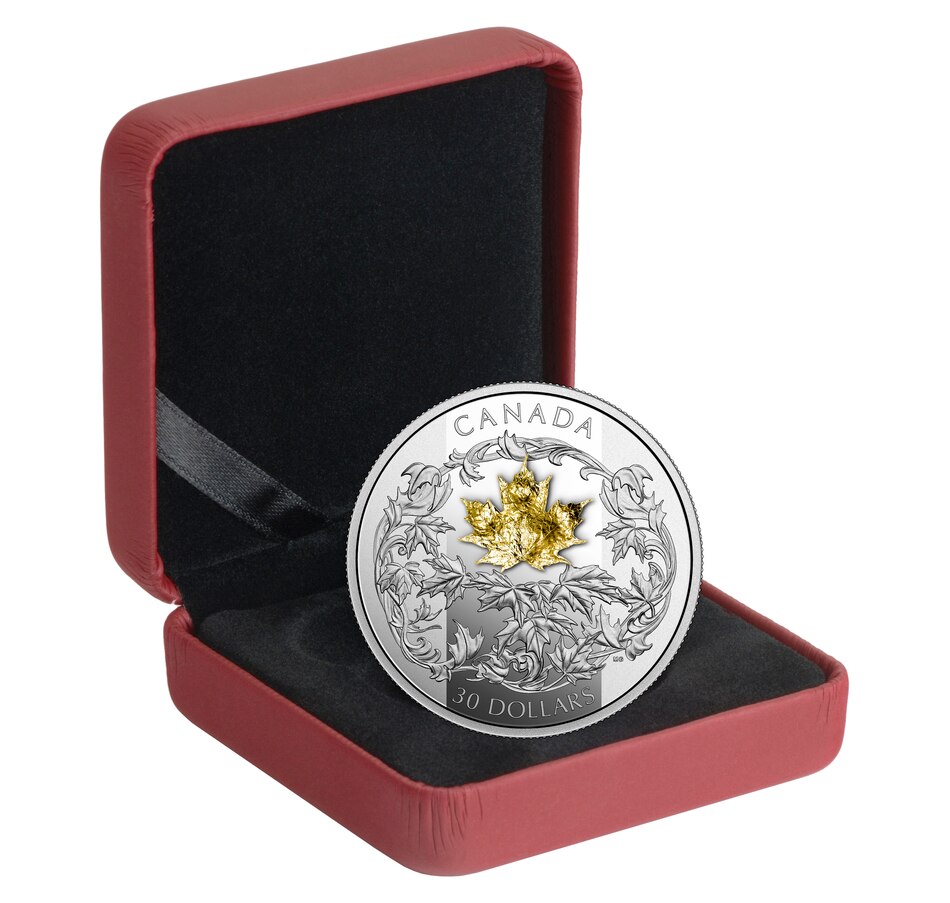 Image 618646_ALTMORE3.jpg, Product 618-646 / Price $329.95, Falling 3D Gold Maple Leaf 2 oz Fine Silver + 1 g 18K Gold from Royal Canadian Mint (RCM) on TSC.ca's Coins department