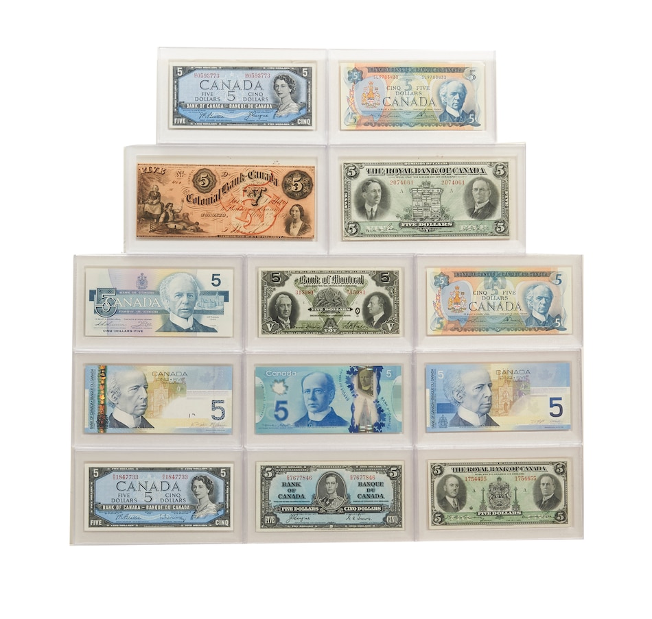 Image 618676.jpg, Product 618-676 / Price $1,649.00, Premium Quality $5 Note Collection Pre-Confederation to 2013 (13 Notes) from Canadian Coin & Currency on TSC.ca's Coins department