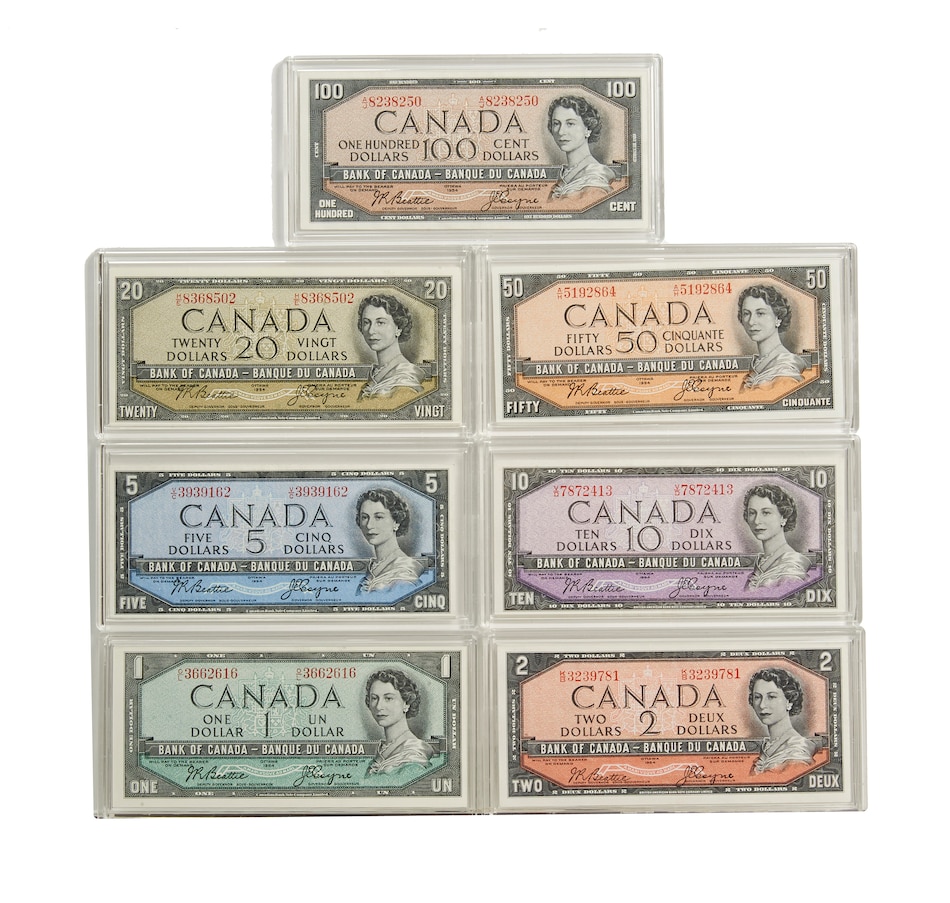 Image 618680.jpg, Product 618-680 / Price $799.95, 1954 Paper Money Collection - $1, $2, $5, $10, $20, $50 and $100 with Scarce Beattie/Coyne Signatures from Canadian Coin & Currency on TSC.ca's Coins department