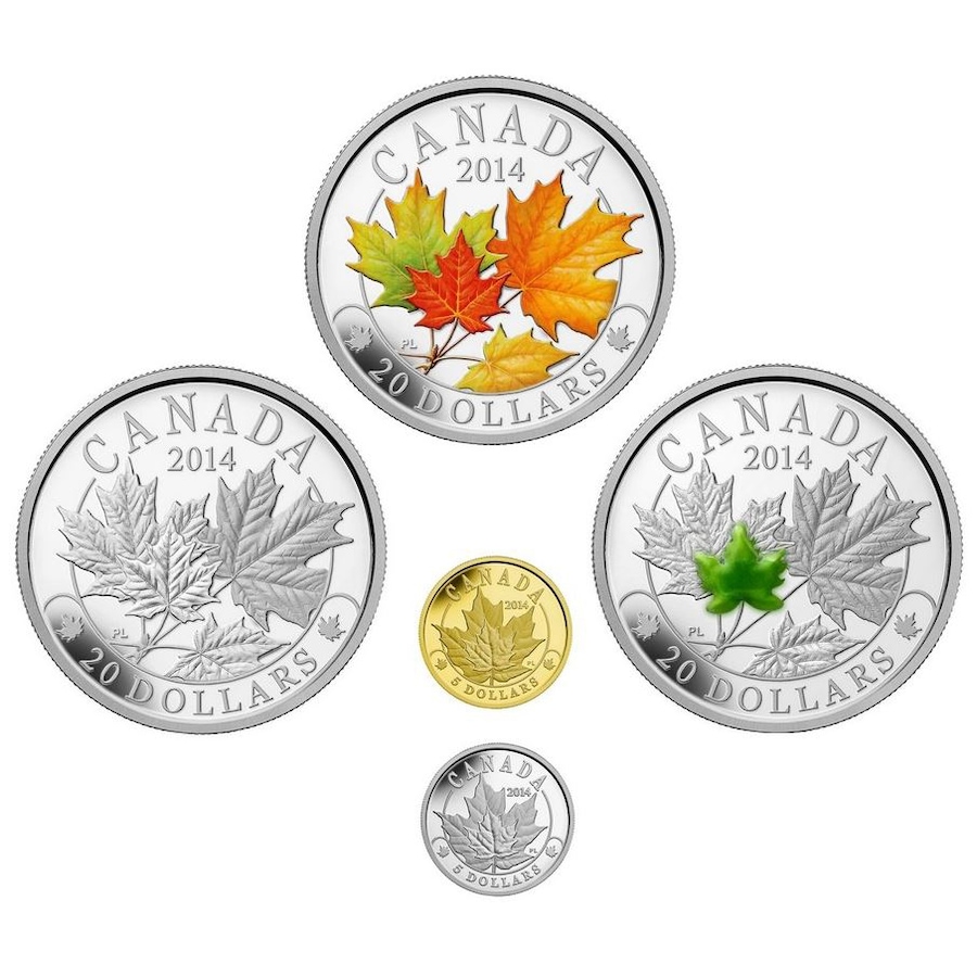 Image 622685.jpg, Product 622-685 / Price $1,499.95, 2014 Five-Piece Collection: Majestic Maple Leaf (Gold/Platinum/Silver) from Royal Canadian Mint (RCM) on TSC.ca's Coins department
