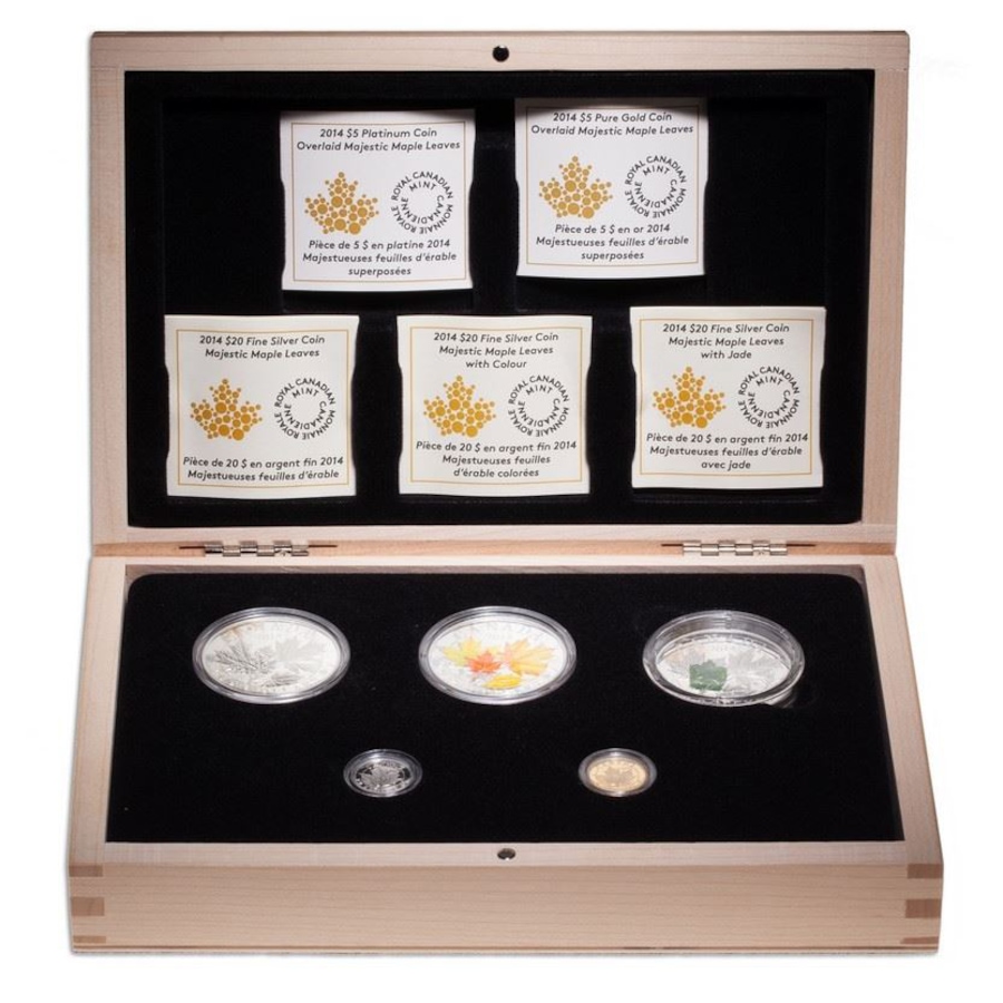 Image 622685_ALTMORE1.jpg, Product 622-685 / Price $1,499.95, 2014 Five-Piece Collection: Majestic Maple Leaf (Gold/Platinum/Silver) from Royal Canadian Mint (RCM) on TSC.ca's Coins department