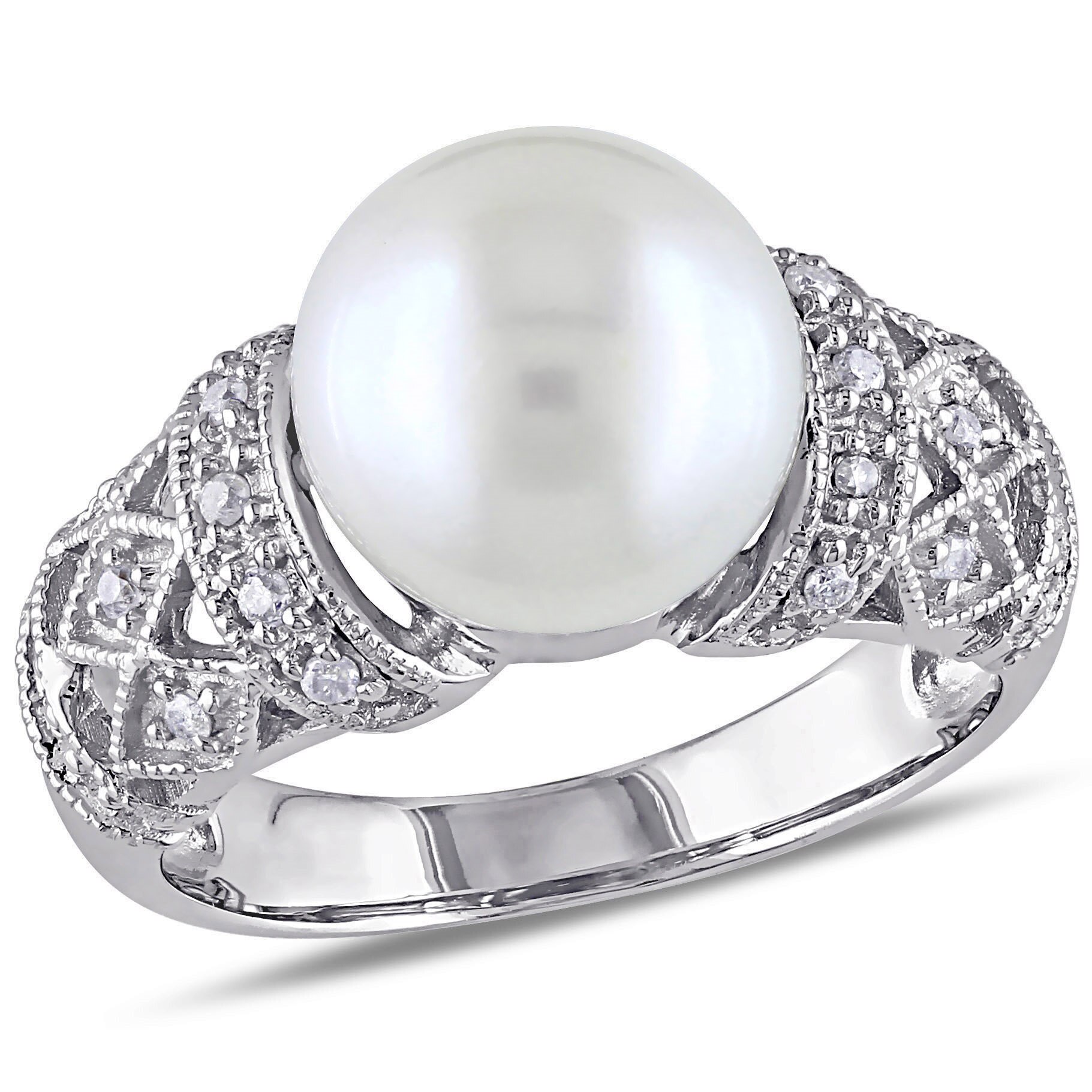 Amour Sterling Silver Cultured Freshwater White Pearl and Diamond Twist Ring 