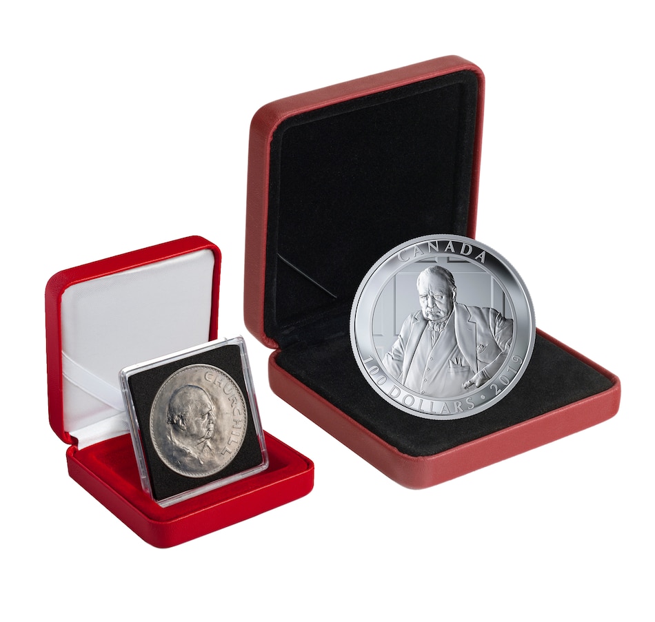 Image 625369_ALTMORE4.jpg, Product 625-369 / Price $999.95, 2019 $100 Fine Silver Coin The Roaring Lion plus Original 1965 Sir Winston Churchill Crown from Royal Canadian Mint (RCM) on TSC.ca's Coins department