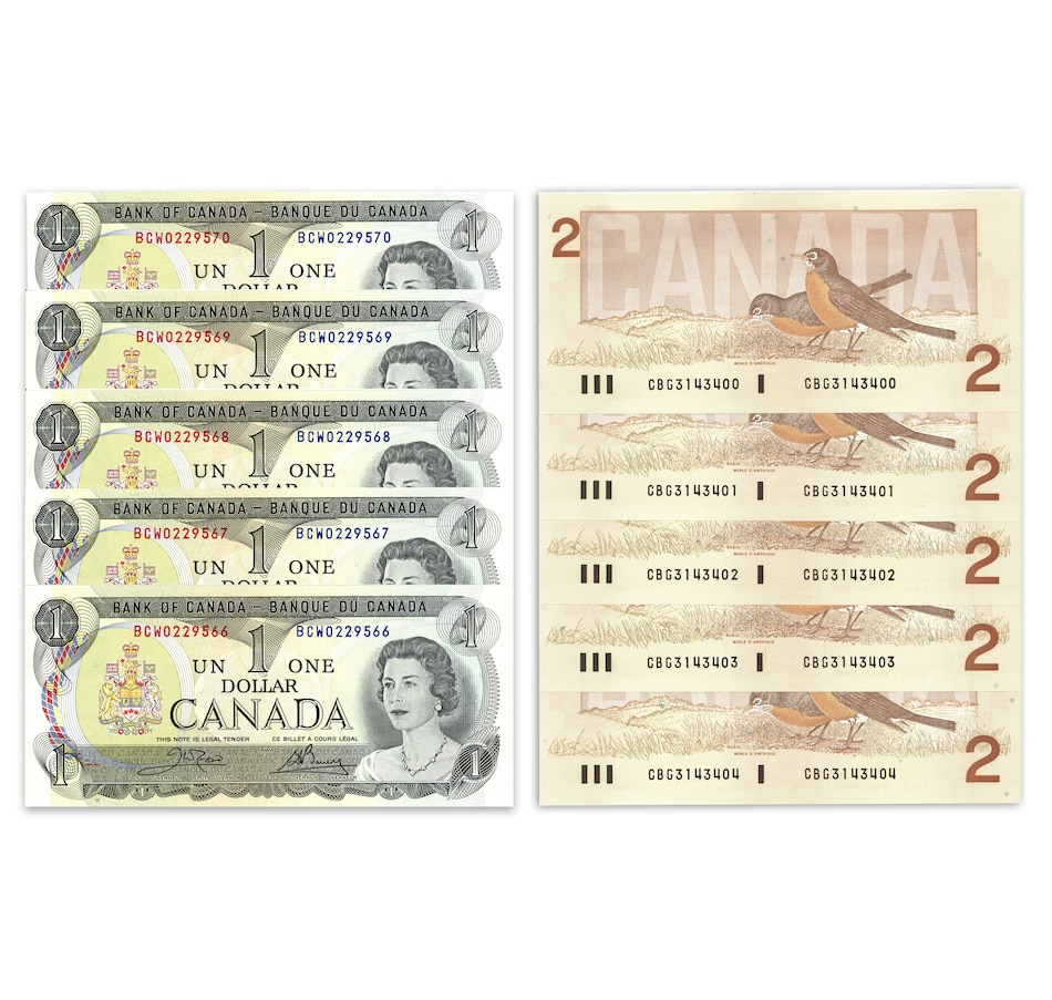Image 625525.jpg, Product 625-525 / Price $89.95, Five Consecutive Uncirculated $1 and $2 Notes ($1 1973, and $2 1986 - 10 notes total) from Canadian Coin & Currency on TSC.ca's Coins department
