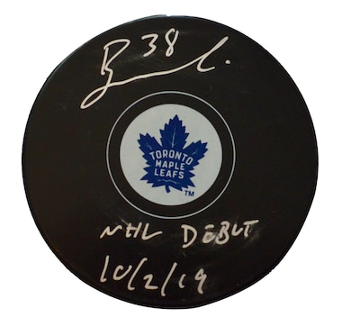 Fanatics Authentic Autographed Rasmus Sandin Toronto Maple Leafs NHL Debut Inscripted Puck