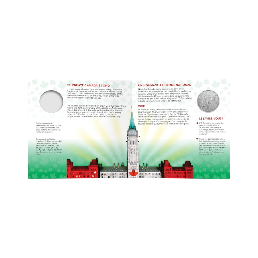 Image 625991_ALTMORE2.jpg, Product 625-991 / Price $44.95, 2020 $5 Fine Silver Coin Moments to Hold: 40th Anniversary of the National Anthem from Royal Canadian Mint (RCM) on TSC.ca's Coins department