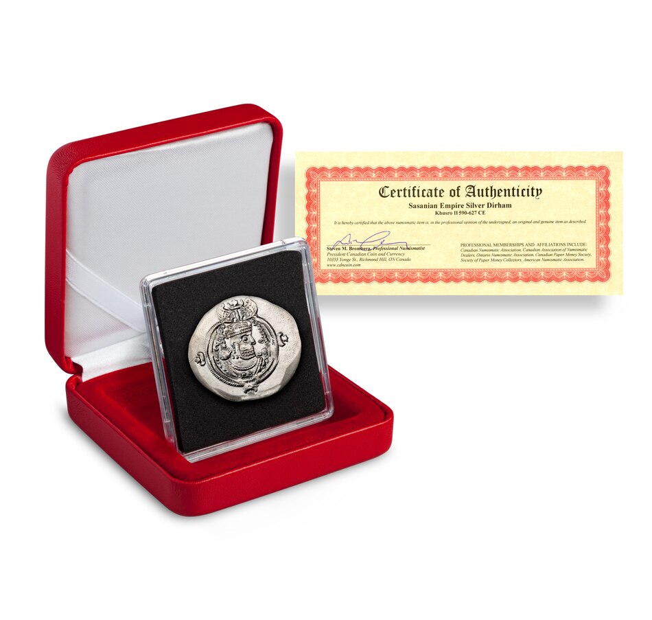 Image 627988_ALTMORE2.jpg, Product 627-988 / Price $189.95, King Khusro II Silver Dirham, 590–628 CE on TSC.ca's department