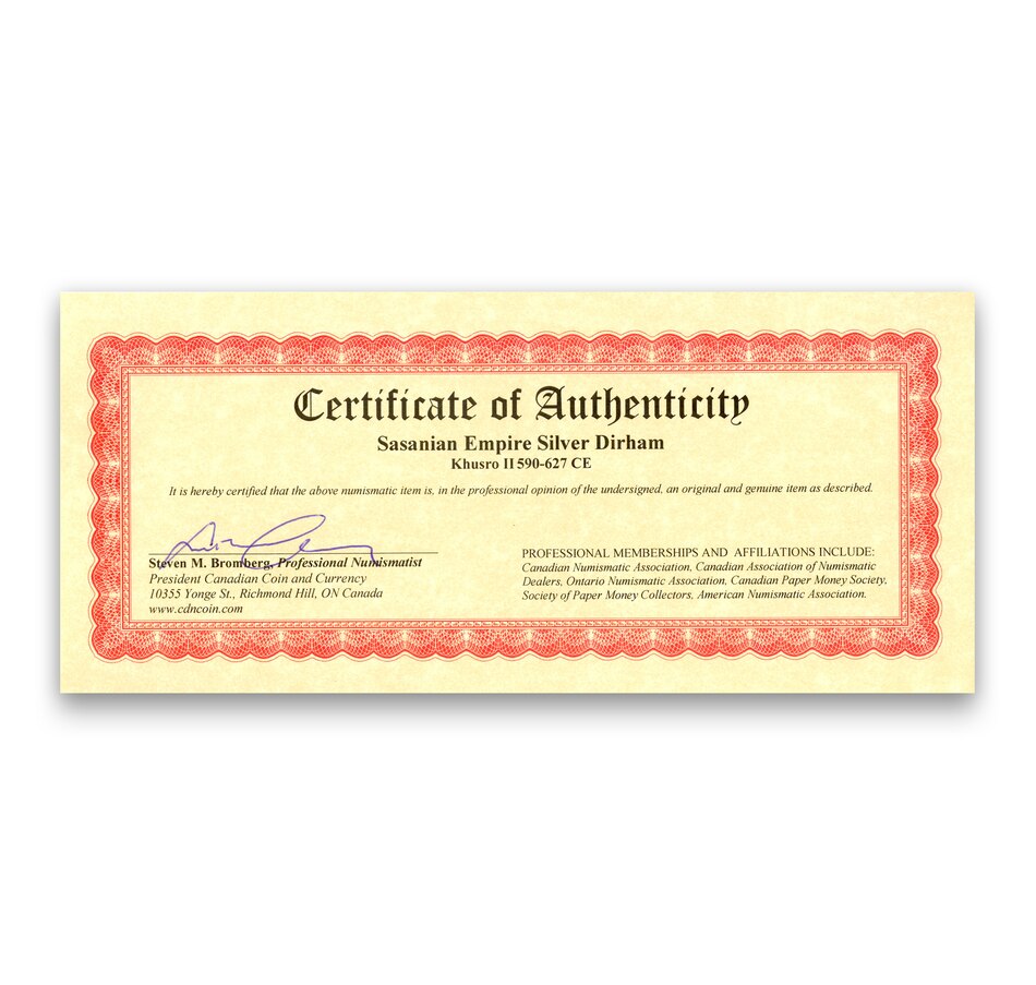 Image 627988_ALTMORE3.jpg, Product 627-988 / Price $189.95, King Khusro II Silver Dirham, 590–628 CE on TSC.ca's department