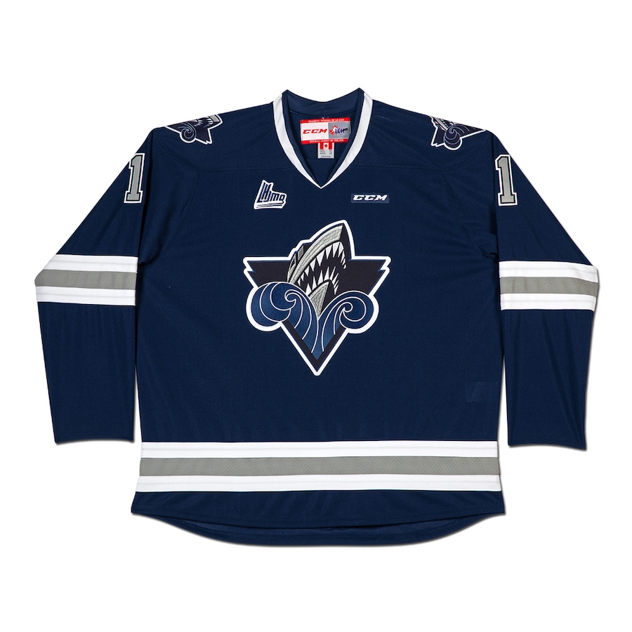 Image 632488.jpg, Product 632-488 / Price $2,047.99, Upper Deck Authenticated Alexis Lafreniere Autographed and Inscribed 1ER Chois 2017 CCM Rimouski Oceanic Blue Away Jersey (Limited to 50) from Upper Deck on TSC.ca's Toys & Hobbies department