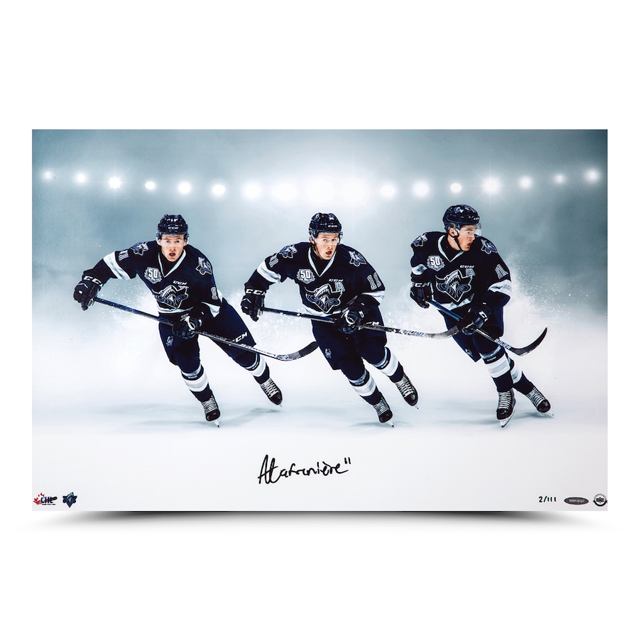Image 632489.jpg, Product 632-489 / Price $779.99, Upper Deck Authenticated Alexis Lafreniere Autographed Unframed Triple-Exposure 24" x 16" Photo (Limited to 111) from Upper Deck on TSC.ca's Sports department