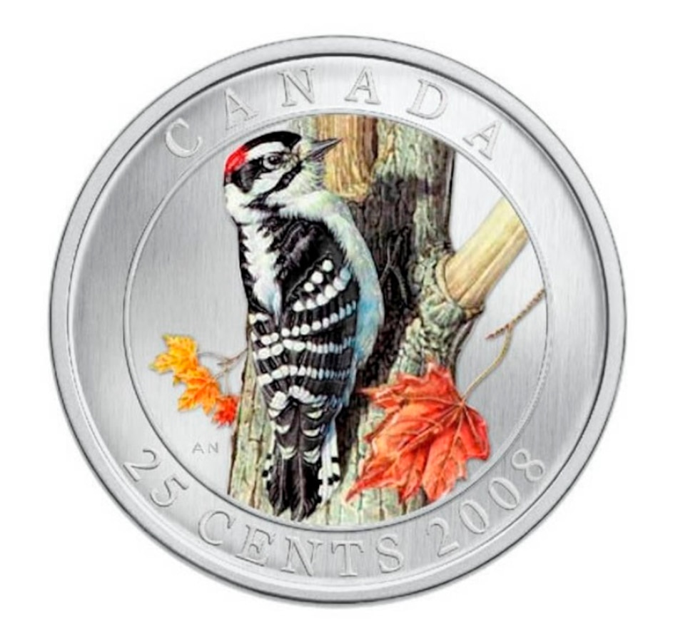 Image 638487.jpg, Product 638-487 / Price $249.95, 25-Cent Coin: Downy Woodpecker from Royal Canadian Mint (RCM) on TSC.ca's Coins department