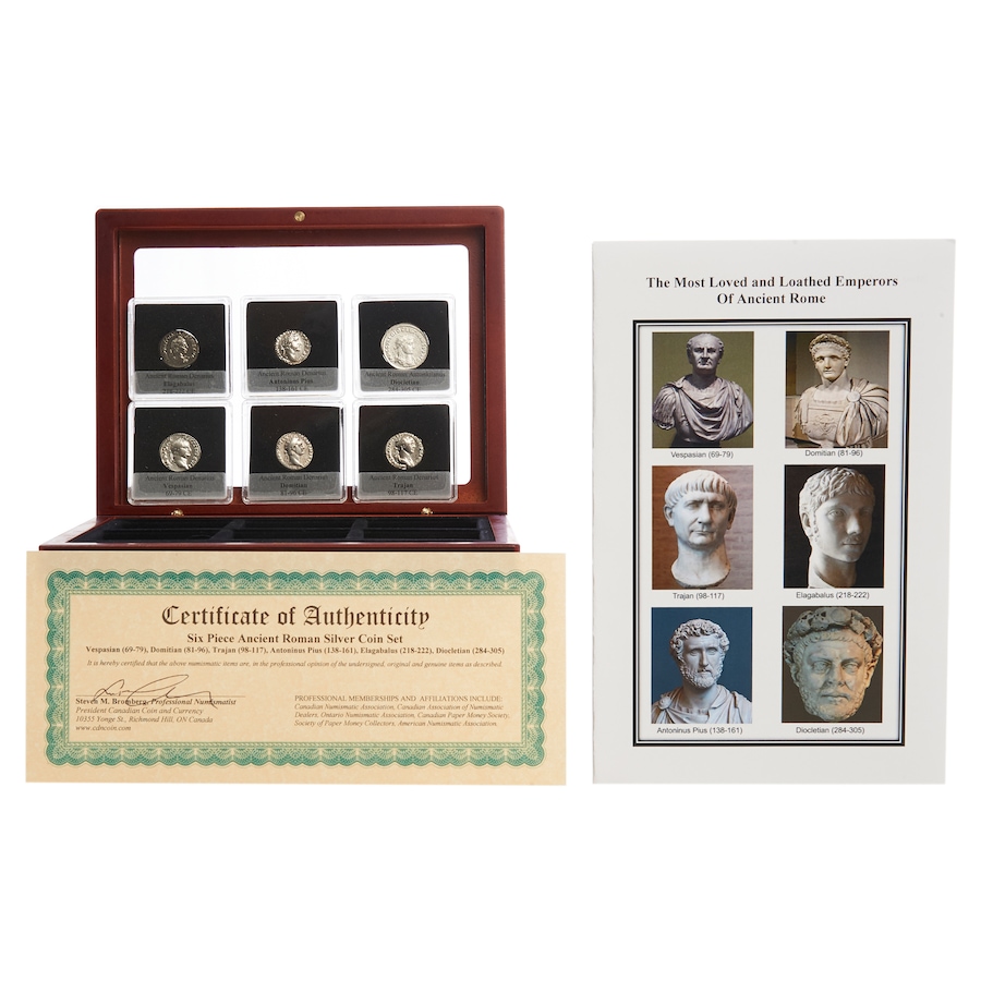 Image 638742.jpg, Product 638-742 / Price $749.95, Six-Piece Ancient Roman Silver Coin Set - Three Most Loved and Three Most Loathed Roman Emperors, 69 CE to 305 CE from Canadian Coin & Currency on TSC.ca's Coins department