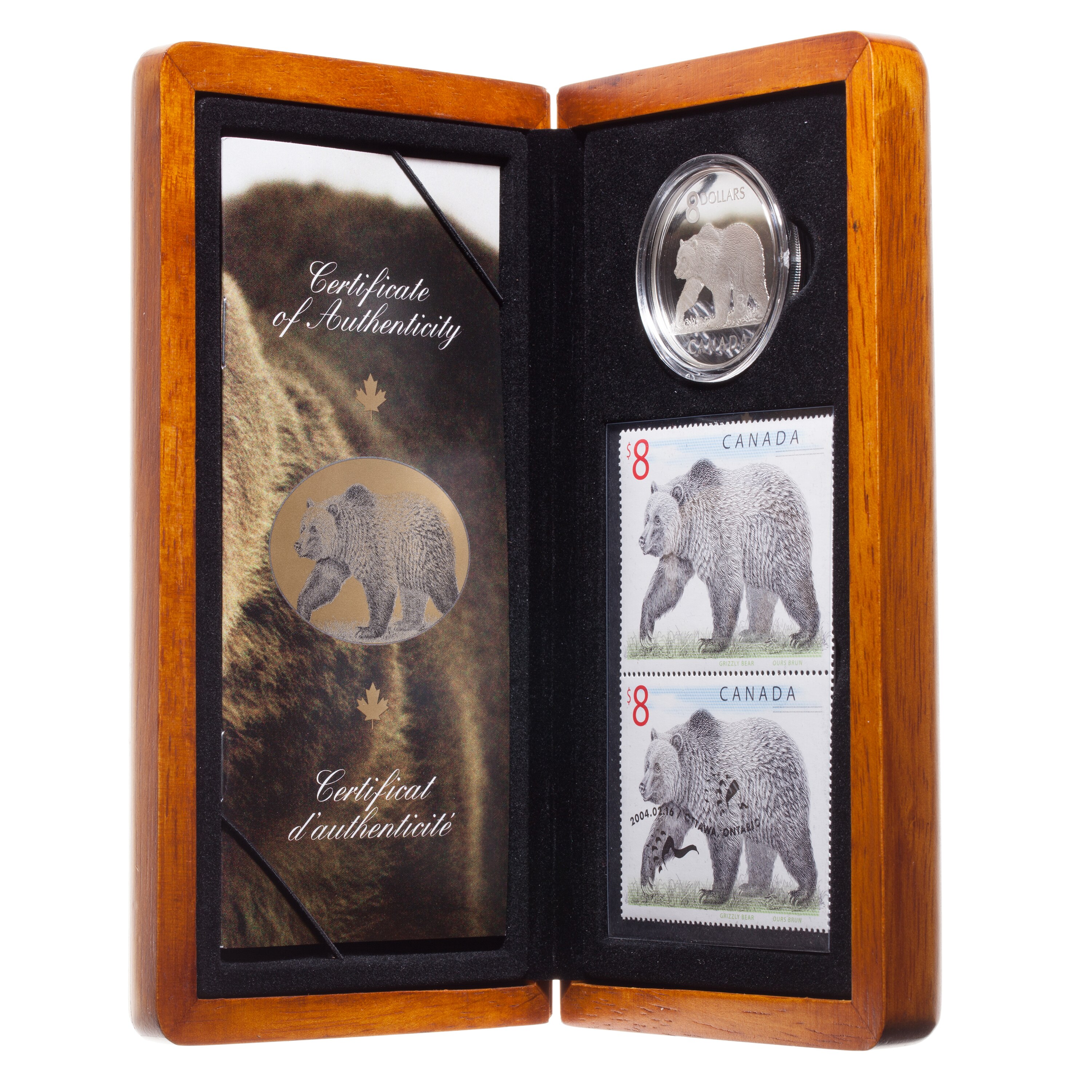 Canada 2004 Great Grizzly Bear Coin and Two Stamps Set $8 Pure Silver Proof 