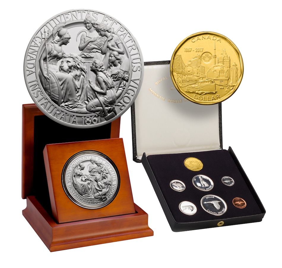 Image 646207.jpg, Product 646-207 / Price $999.50, 1867 Confederation Medal Restrike in 10 Ounces Fine Silver plus 1967 Proof Set in Original Black Case of Issue from Canadian Heritage Mint on TSC.ca's Coins department