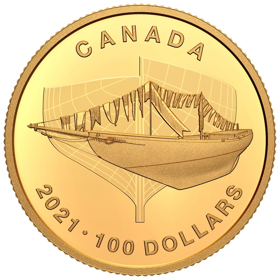 Image 646346.jpg, Product 646-346 / Price $1,099.95, 2021 $100 Pure Gold Coin 100th Anniversary of Bluenose: The Launch from Royal Canadian Mint (RCM) on TSC.ca's Coins department