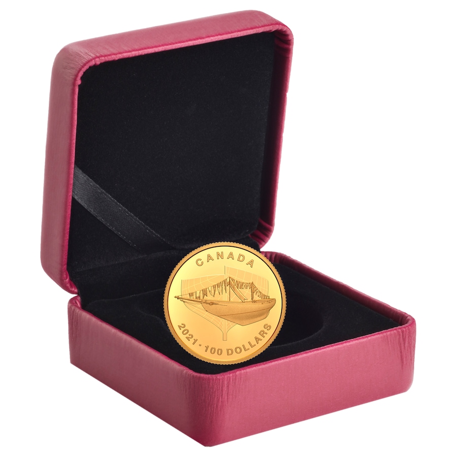 Image 646346_ALTMORE2.jpg, Product 646-346 / Price $1,099.95, 2021 $100 Pure Gold Coin 100th Anniversary of Bluenose: The Launch from Royal Canadian Mint (RCM) on TSC.ca's Coins department