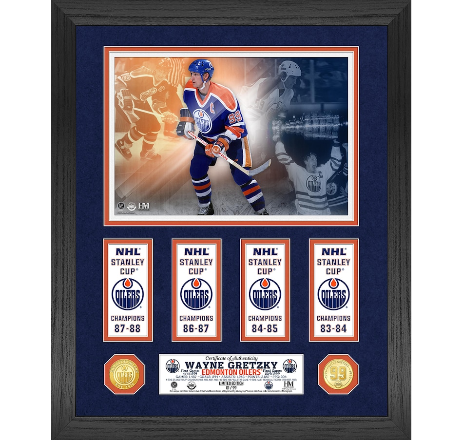 Image 646815.jpg, Product 646-815 / Price $209.99, Wayne Gretzky Oilers Four-Time Champ Stanley Cup Banner Collection Bronze Coin Photo Mint from Highland Mint on TSC.ca's Sports department