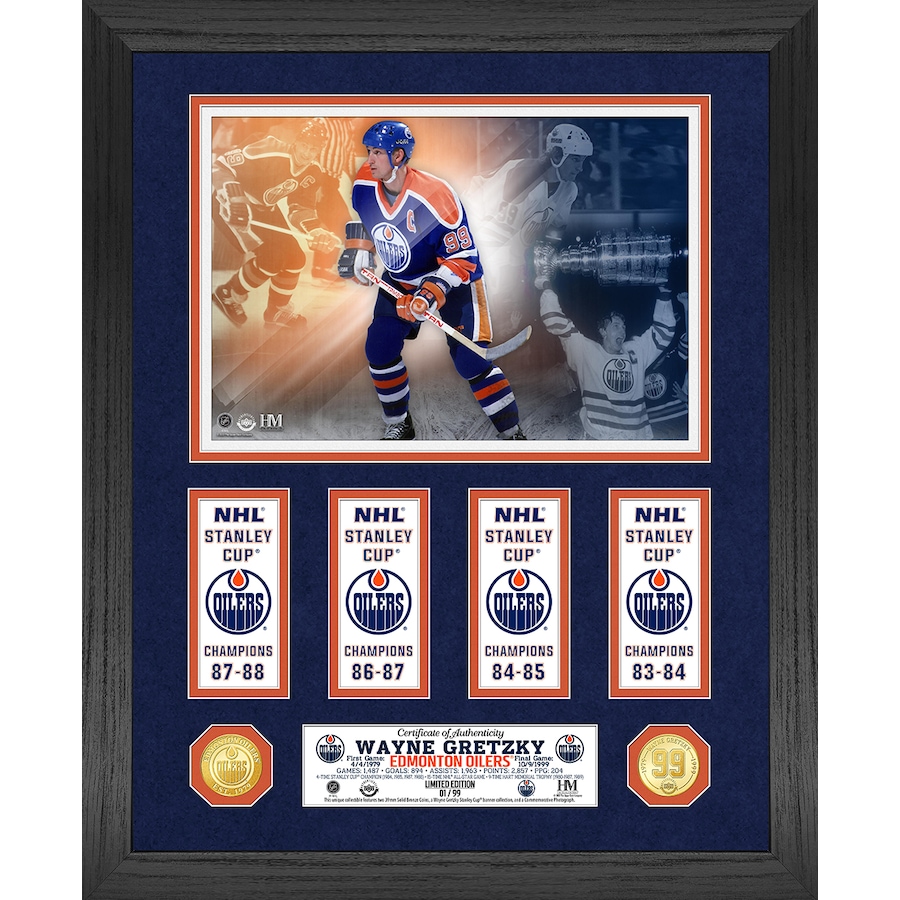 Image 646815.jpg, Product 646-815 / Price $209.99, Wayne Gretzky Oilers Four-Time Champ Stanley Cup Banner Collection Bronze Coin Photo Mint from Highland Mint on TSC.ca's Sports department