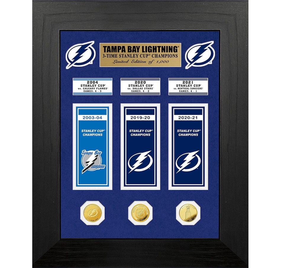Image 646832.jpg, Product 646-832 / Price $379.99, Tampa Bay Lightning Three-Time Stanley Cup Champions Deluxe Banner and Gold Coin Collection from Highland Mint on TSC.ca's Sports department