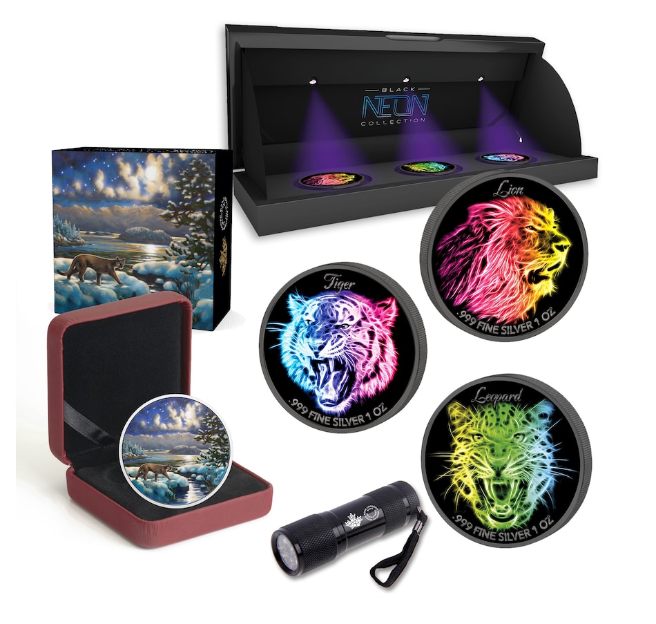 Image 647994.jpg, Product 647-994 / Price $689.90, Set of Three Black Neon Glow Coins (Lion, Leopard, Tiger) plus $30 Two-Ounce Cougar in the Moonlight from The Coin Show with Steven Bromberg on TSC.ca's Coins department