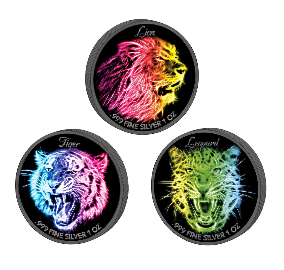 Image 647994_ALTMORE1.jpg, Product 647-994 / Price $689.90, Set of Three Black Neon Glow Coins (Lion, Leopard, Tiger) plus $30 Two-Ounce Cougar in the Moonlight from The Coin Show with Steven Bromberg on TSC.ca's Coins department
