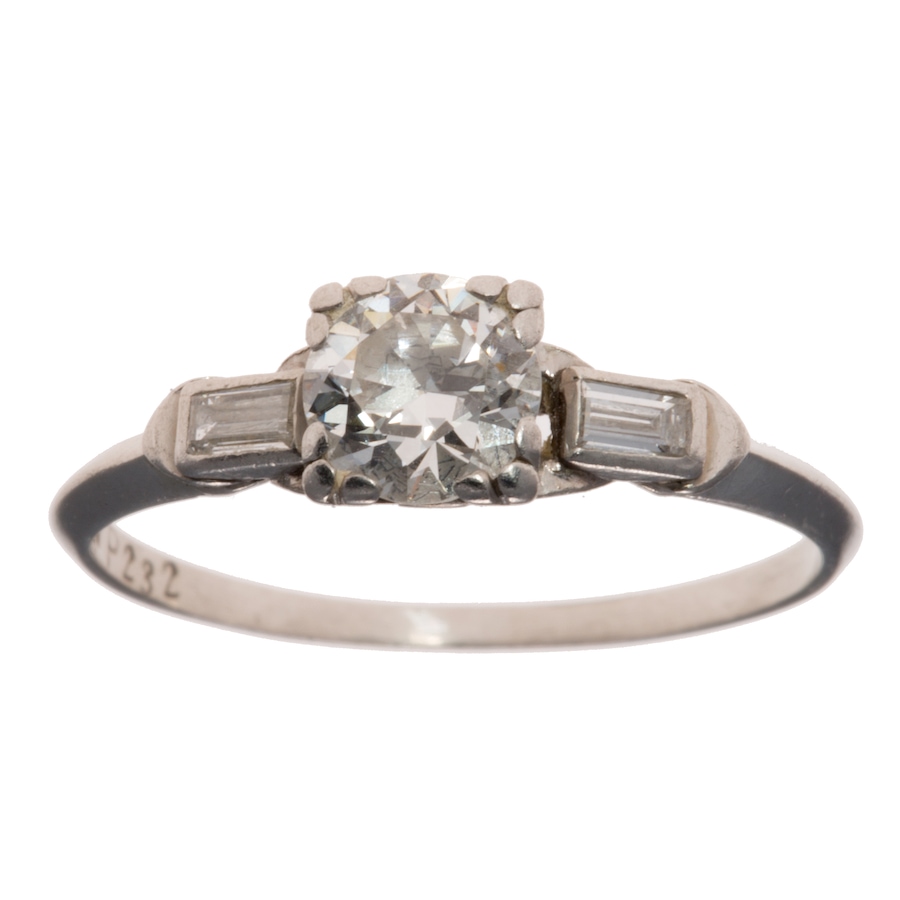 Image 655921.jpg, Product 655-921 / Price $3,009.00, Stunning Platinum Three-Stone-Across Engagement Ring with beautiful Half-Carat Edwardian-cut Centre Diamond from Estate Originals on TSC.ca's Jewellery department