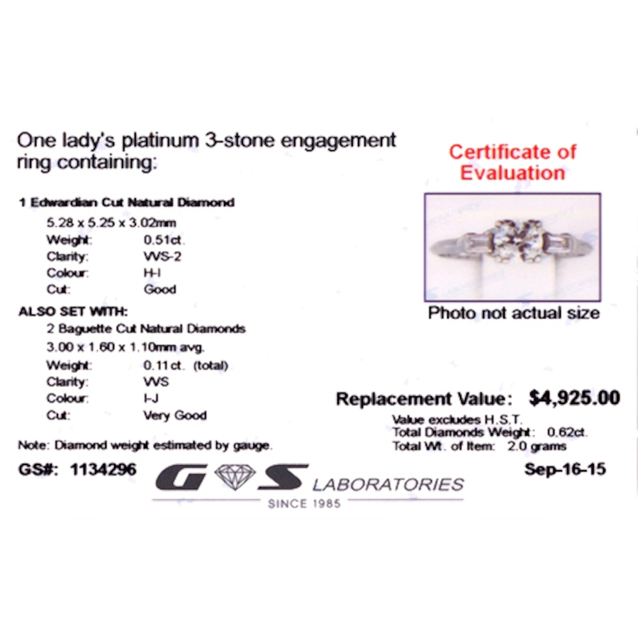 Image 655921_ALTMORE3.jpg, Product 655-921 / Price $3,009.00, Stunning Platinum Three-Stone-Across Engagement Ring with beautiful Half-Carat Edwardian-cut Centre Diamond from Estate Originals on TSC.ca's Jewellery department