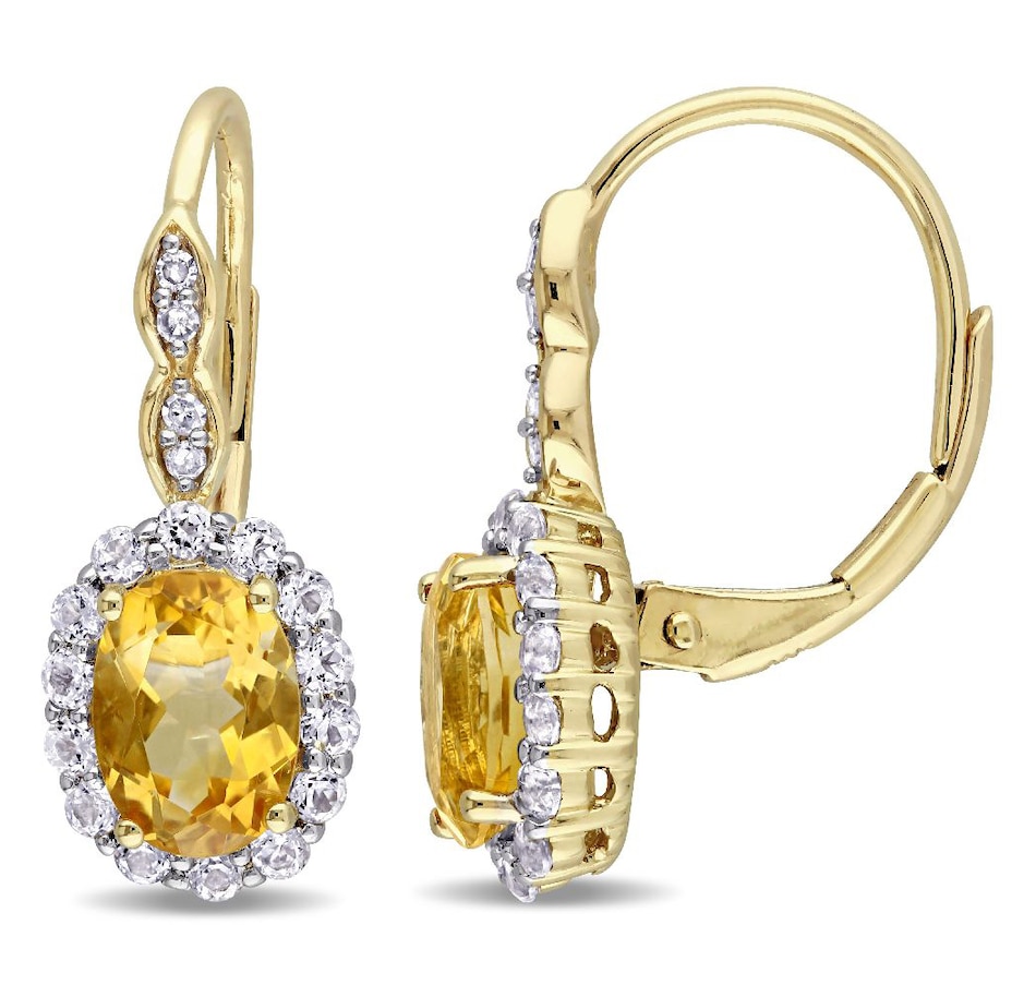 14k Yellow Gold Oval White Topaz And Diamond Earrings 