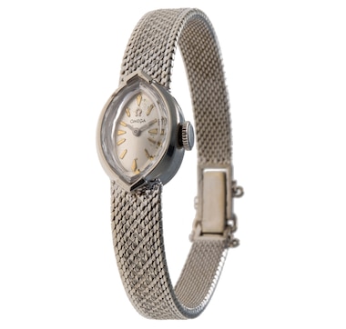 14KT White Gold OMEGA Wristwatch with Marquise Shaped Dial and Mesh Bracelet