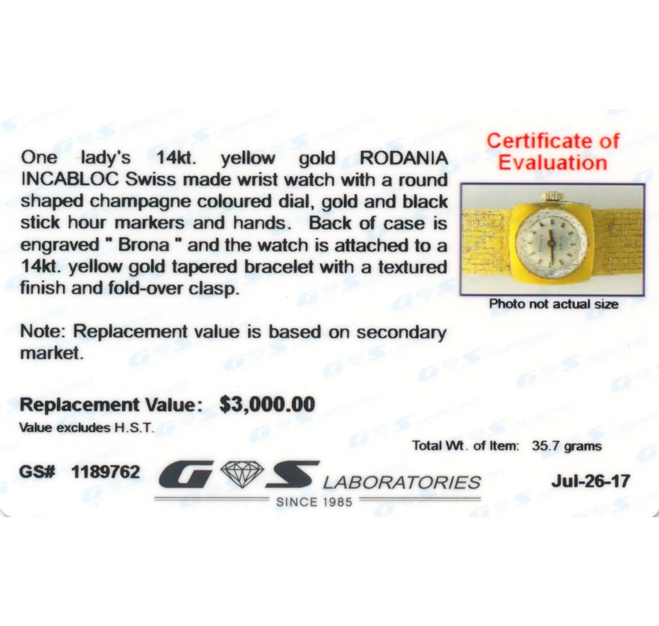 Image 656551_ALTMORE4.jpg, Product 656-551 / Price $3,060.00, Estate Originals Lady's 14K Yellow Gold Rodania Incabloc Swiss Made Wristwatch from Estate Originals on TSC.ca's Jewellery department