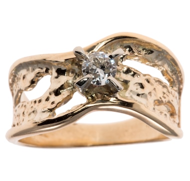 Estate Originals 14K Yellow and White Gold Organically Pierced Wave Designed 0.20 Carat Old European Cut Diamond Solitaire Ring