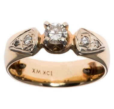 Estate Originals 10K Yellow and White Gold 4-Prong and Bead Set Engagement Ring Centered by a 0.24 Carat Diamond Solitaire and Shouldered by Accent Stones